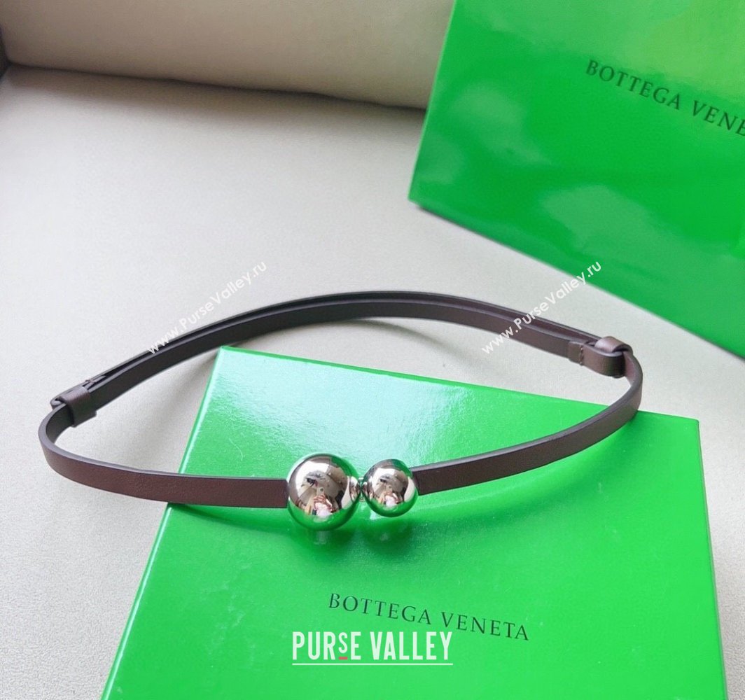 Bottega Veneta Calfskin Belt with Silver Spheres Buckle Dark Brown 2025 0315 (99-250315082)