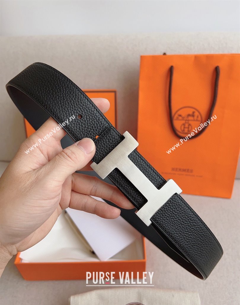 Hermes Constance Belt Buckle Epsom Leather Strap 3.8cm Black/Silver 2025 0314 (99-250314091)