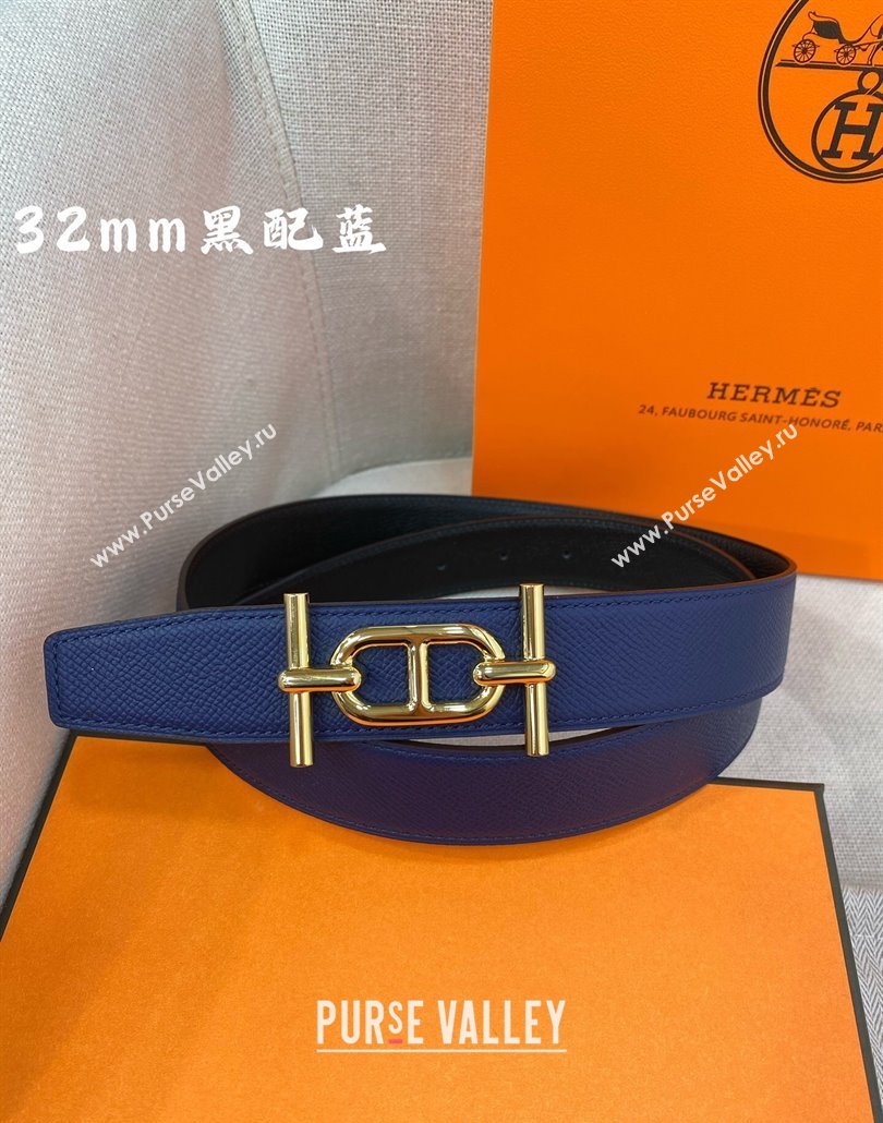 Hermes Ancre belt buckle Reversible Epsom leather strap 3.2cm Black/Blue 2025 0314 (99-250314093)