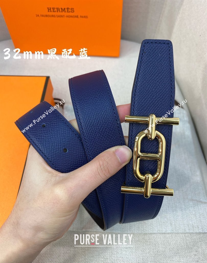 Hermes Ancre belt buckle Reversible Epsom leather strap 3.2cm Black/Blue 2025 0314 (99-250314093)