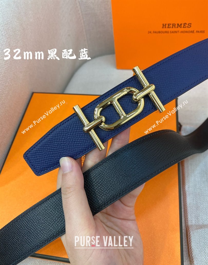 Hermes Ancre belt buckle Reversible Epsom leather strap 3.2cm Black/Blue 2025 0314 (99-250314093)