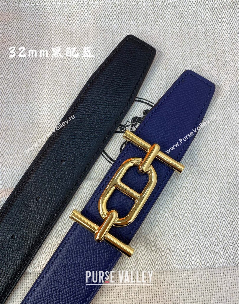 Hermes Ancre belt buckle Reversible Epsom leather strap 3.2cm Black/Blue 2025 0314 (99-250314093)