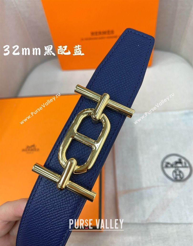 Hermes Ancre belt buckle Reversible Epsom leather strap 3.2cm Black/Blue 2025 0314 (99-250314093)