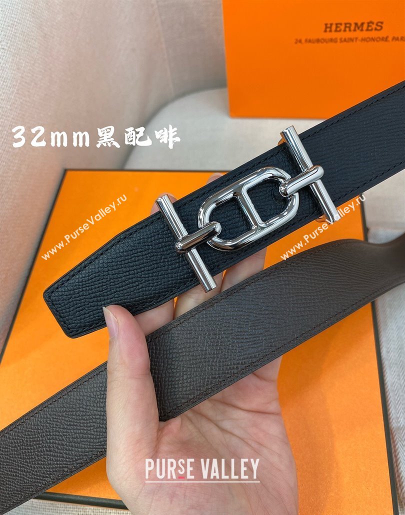 Hermes Ancre belt buckle Reversible Epsom leather strap 3.2cm Black/Coffee 2025 0314 (99-250314095)