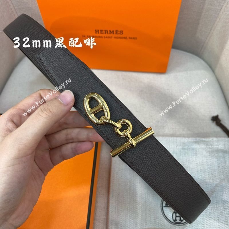 Hermes Yachting belt buckle Reversible Epsom leather strap 3.2cm Black/Coffee 2025 0314 (99-250314096)
