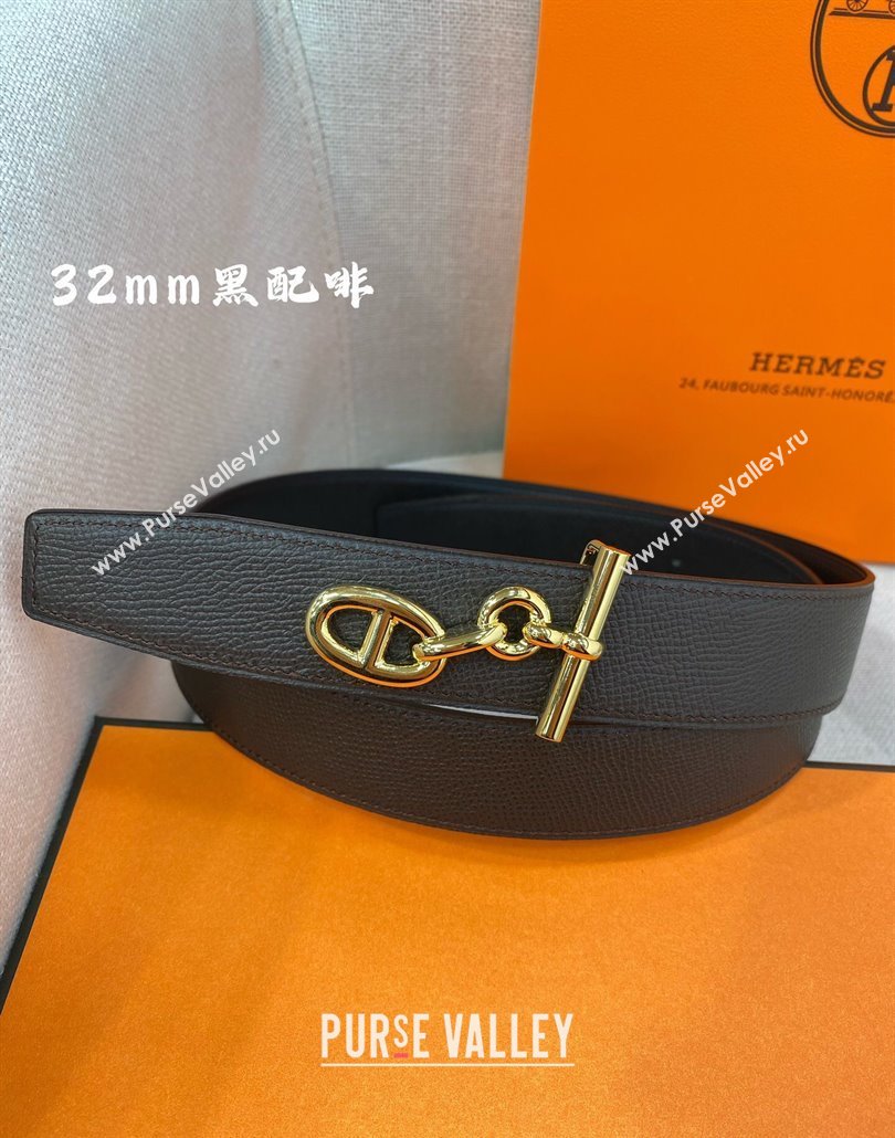 Hermes Yachting belt buckle Reversible Epsom leather strap 3.2cm Black/Coffee 2025 0314 (99-250314096)