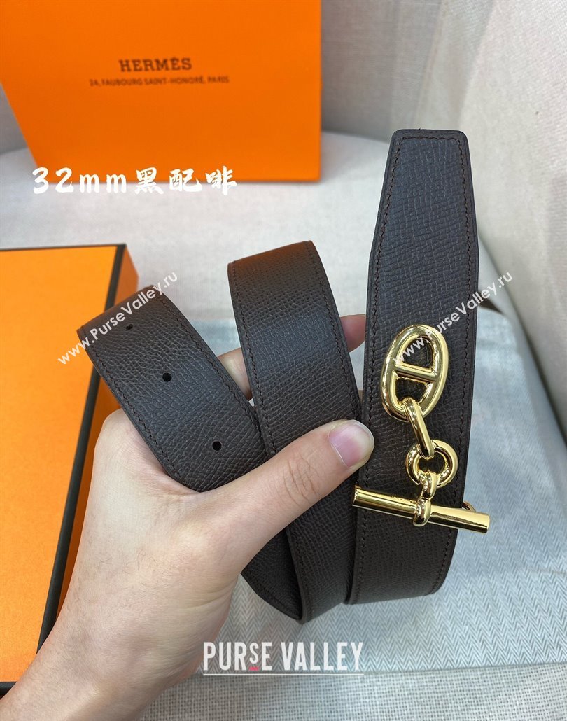 Hermes Yachting belt buckle Reversible Epsom leather strap 3.2cm Black/Coffee 2025 0314 (99-250314096)
