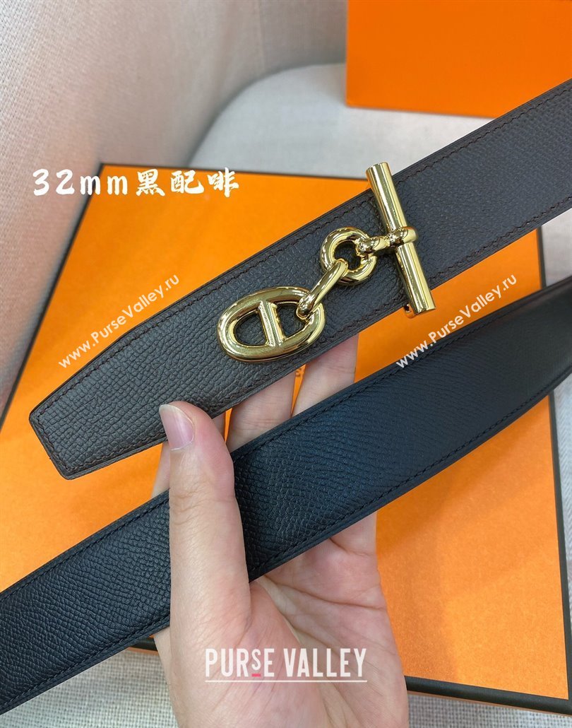 Hermes Yachting belt buckle Reversible Epsom leather strap 3.2cm Black/Coffee 2025 0314 (99-250314096)