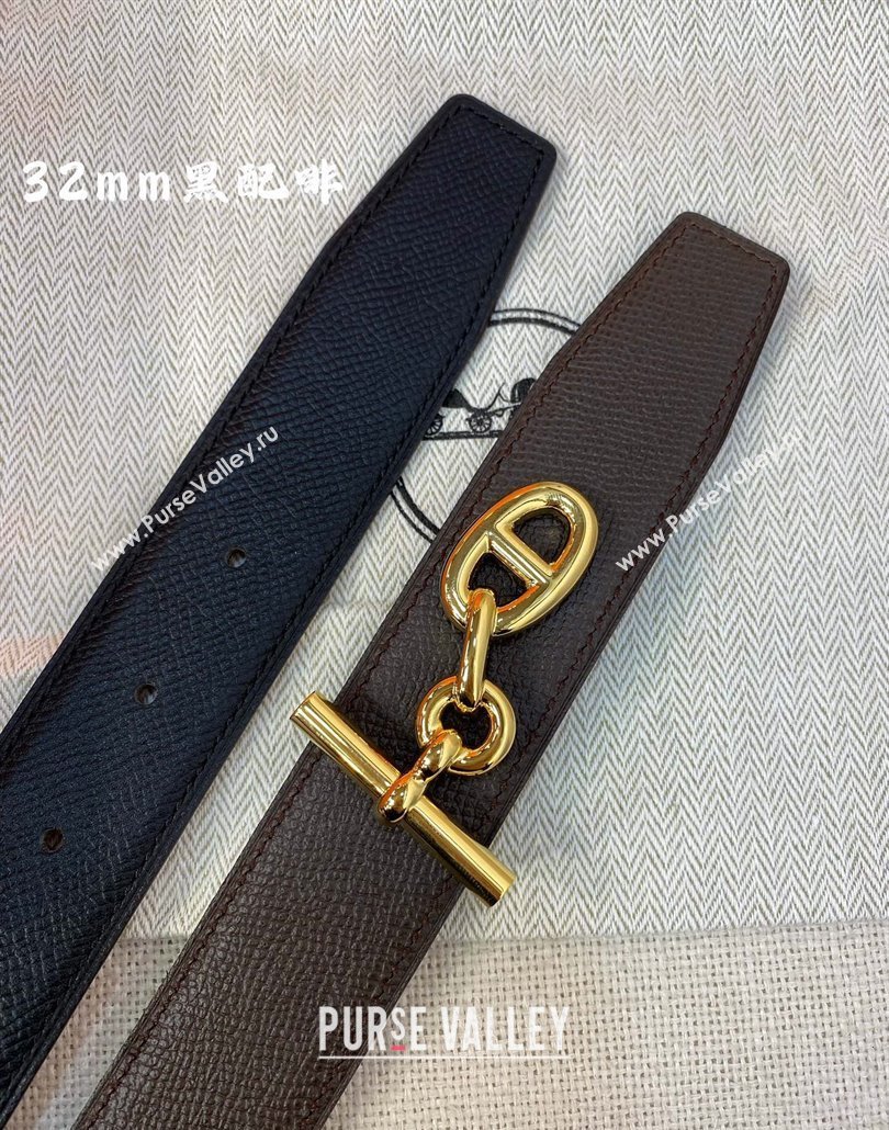 Hermes Yachting belt buckle Reversible Epsom leather strap 3.2cm Black/Coffee 2025 0314 (99-250314096)