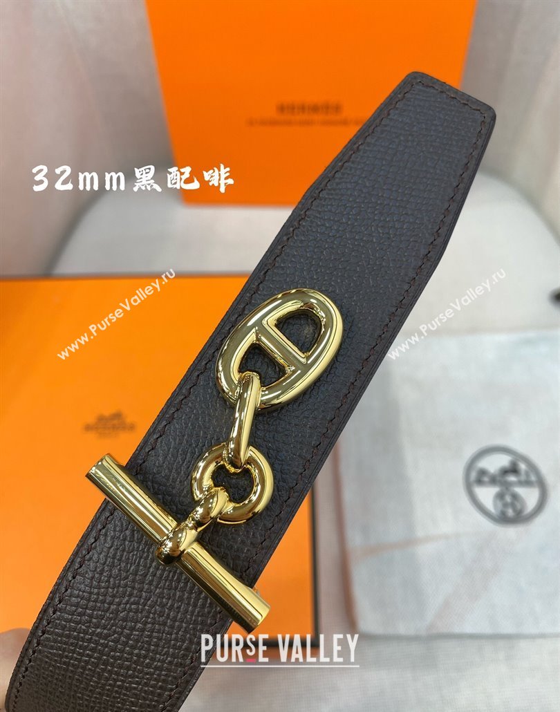 Hermes Yachting belt buckle Reversible Epsom leather strap 3.2cm Black/Coffee 2025 0314 (99-250314096)