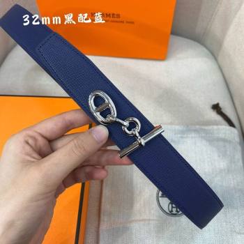 Hermes Yachting belt buckle Reversible Epsom leather strap 3.2cm Black/Blue 2025 0314 (99-250314097)