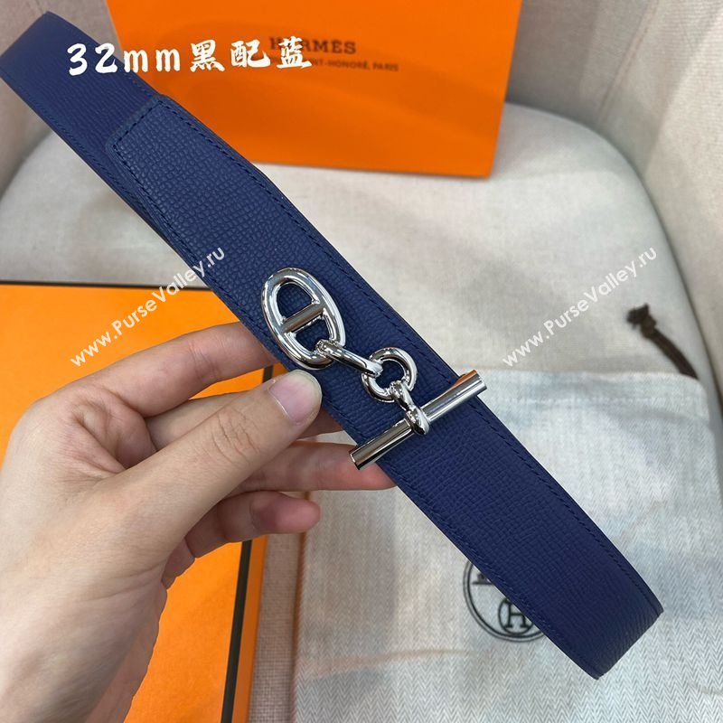 Hermes Yachting belt buckle Reversible Epsom leather strap 3.2cm Black/Blue 2025 0314 (99-250314097)