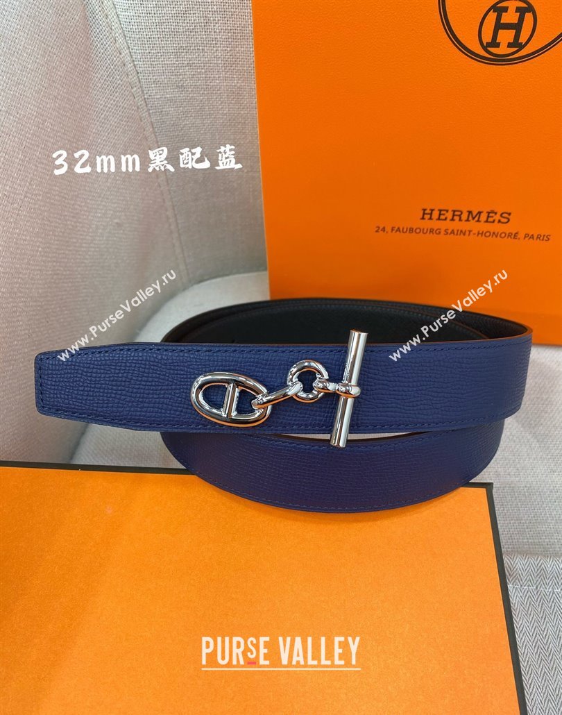 Hermes Yachting belt buckle Reversible Epsom leather strap 3.2cm Black/Blue 2025 0314 (99-250314097)