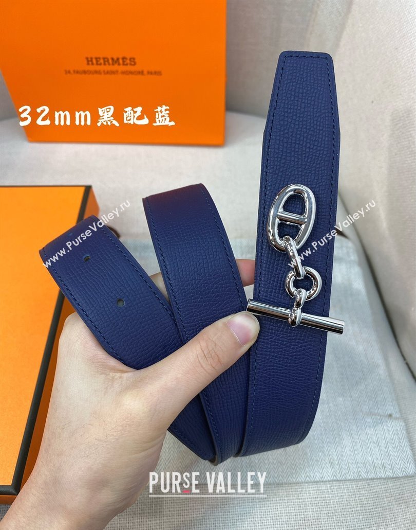 Hermes Yachting belt buckle Reversible Epsom leather strap 3.2cm Black/Blue 2025 0314 (99-250314097)