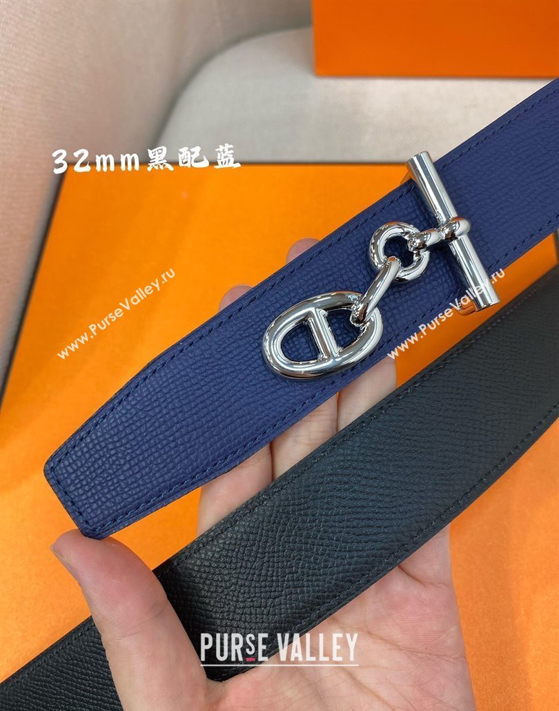 Hermes Yachting belt buckle Reversible Epsom leather strap 3.2cm Black/Blue 2025 0314 (99-250314097)
