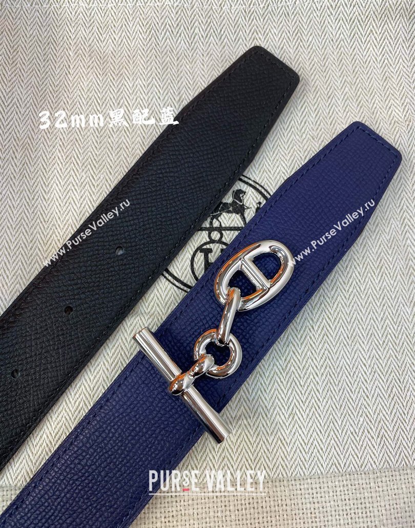 Hermes Yachting belt buckle Reversible Epsom leather strap 3.2cm Black/Blue 2025 0314 (99-250314097)