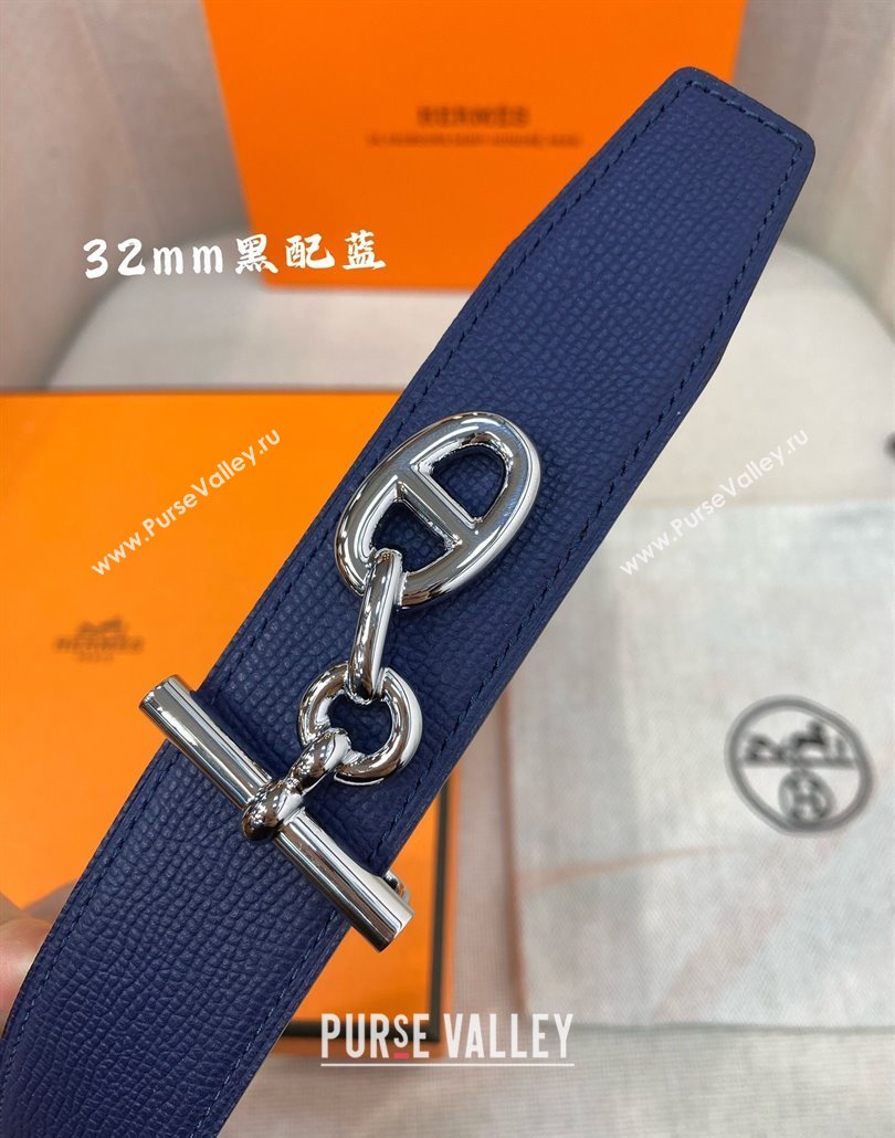 Hermes Yachting belt buckle Reversible Epsom leather strap 3.2cm Black/Blue 2025 0314 (99-250314097)