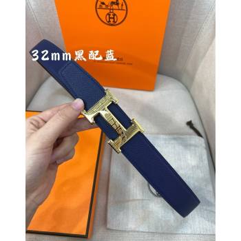 Hermes Constance belt buckle Reversible Epsom leather strap 3.2cm Blue/Black 2025 0314 (99-250314098)