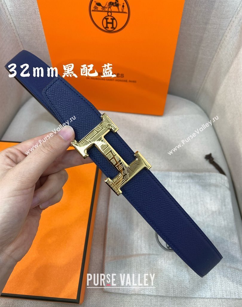 Hermes Constance belt buckle Reversible Epsom leather strap 3.2cm Blue/Black 2025 0314 (99-250314098)