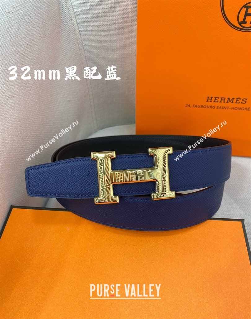 Hermes Constance belt buckle Reversible Epsom leather strap 3.2cm Blue/Black 2025 0314 (99-250314098)
