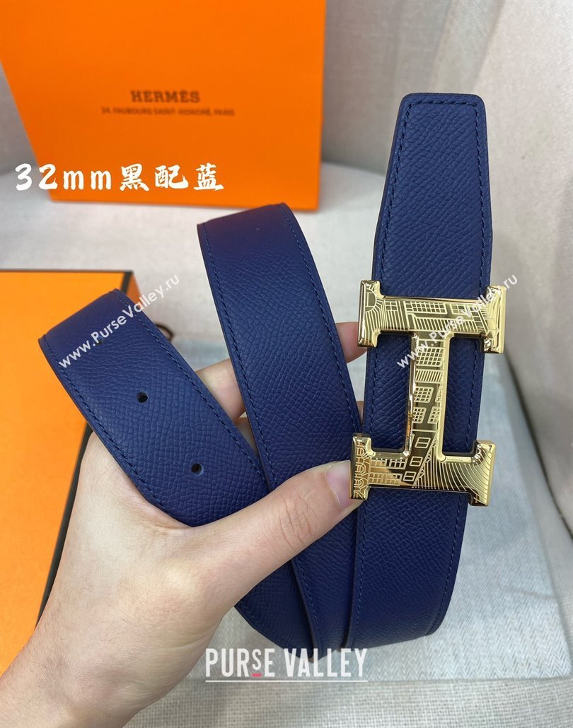 Hermes Constance belt buckle Reversible Epsom leather strap 3.2cm Blue/Black 2025 0314 (99-250314098)