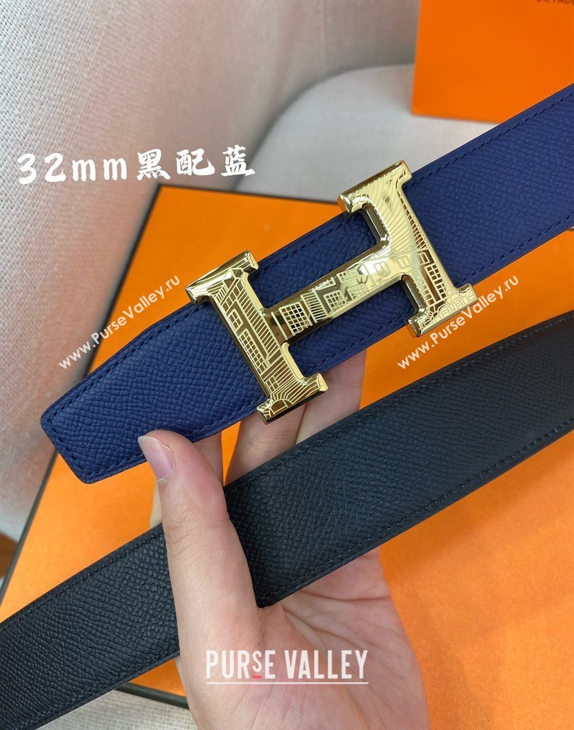 Hermes Constance belt buckle Reversible Epsom leather strap 3.2cm Blue/Black 2025 0314 (99-250314098)