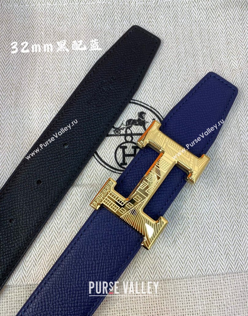Hermes Constance belt buckle Reversible Epsom leather strap 3.2cm Blue/Black 2025 0314 (99-250314098)