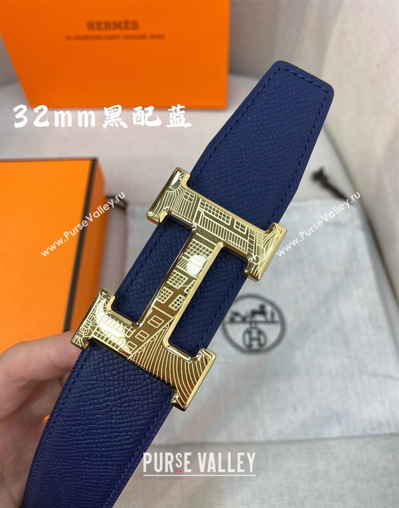Hermes Constance belt buckle Reversible Epsom leather strap 3.2cm Blue/Black 2025 0314 (99-250314098)