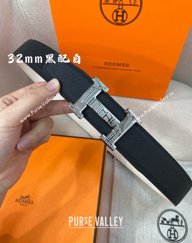Hermes Constance belt buckle Reversible Epsom leather strap 3.2cm Black/White 2025 0314 (99-250314099)