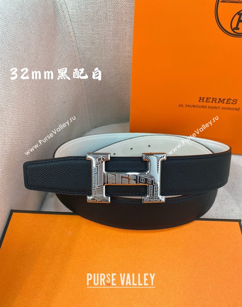 Hermes Constance belt buckle Reversible Epsom leather strap 3.2cm Black/White 2025 0314 (99-250314099)