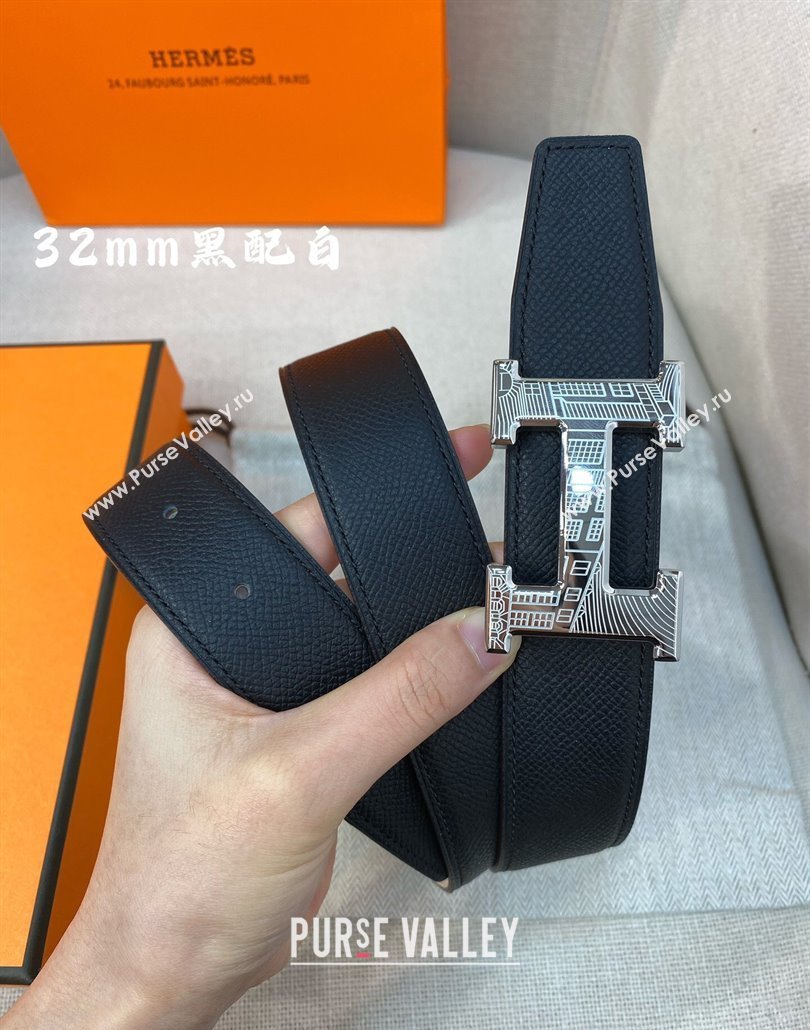 Hermes Constance belt buckle Reversible Epsom leather strap 3.2cm Black/White 2025 0314 (99-250314099)