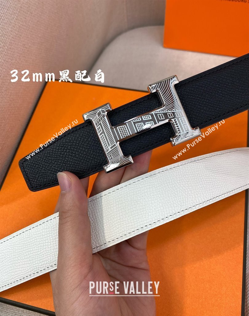 Hermes Constance belt buckle Reversible Epsom leather strap 3.2cm Black/White 2025 0314 (99-250314099)