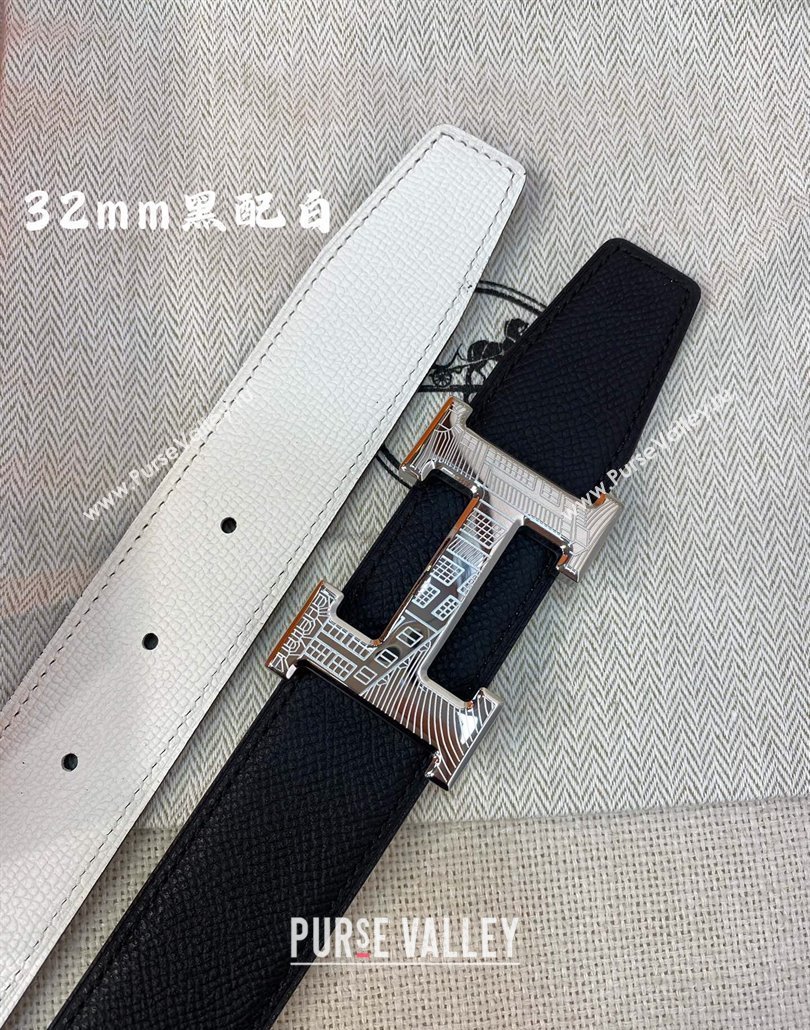 Hermes Constance belt buckle Reversible Epsom leather strap 3.2cm Black/White 2025 0314 (99-250314099)