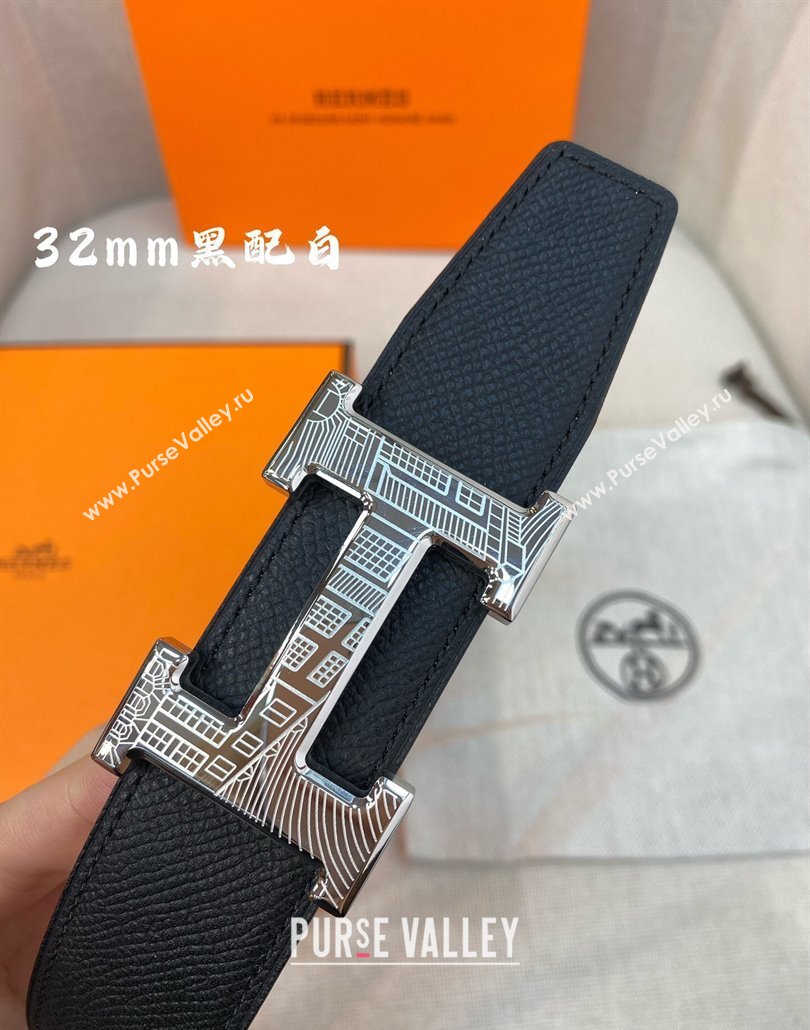 Hermes Constance belt buckle Reversible Epsom leather strap 3.2cm Black/White 2025 0314 (99-250314099)