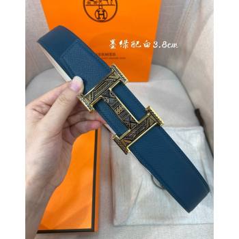 Hermes Constance belt buckle Epsom leather strap 3.8cm Blue/White 2025 0314 (99-250314100)