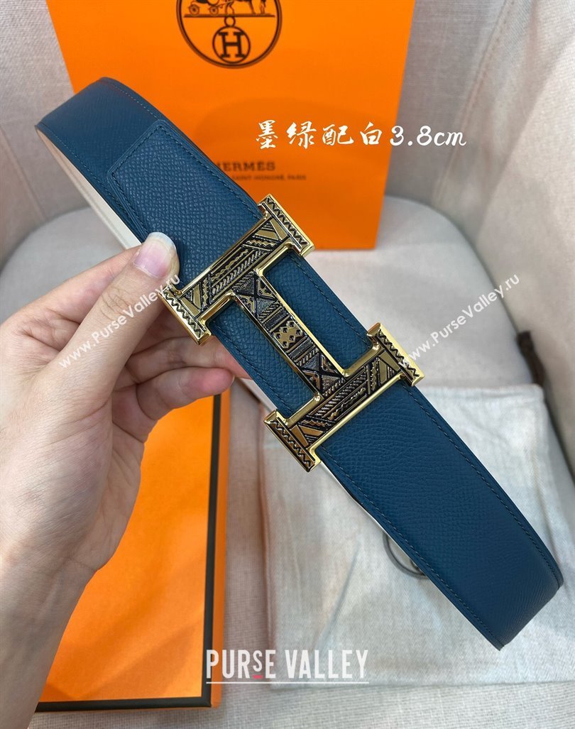 Hermes Constance belt buckle Epsom leather strap 3.8cm Blue/White 2025 0314 (99-250314100)
