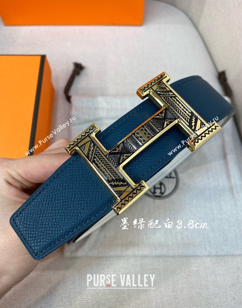 Hermes Constance belt buckle Epsom leather strap 3.8cm Blue/White 2025 0314 (99-250314100)