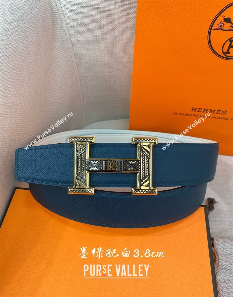 Hermes Constance belt buckle Epsom leather strap 3.8cm Blue/White 2025 0314 (99-250314100)