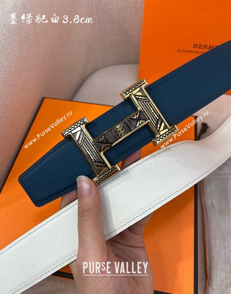 Hermes Constance belt buckle Epsom leather strap 3.8cm Blue/White 2025 0314 (99-250314100)