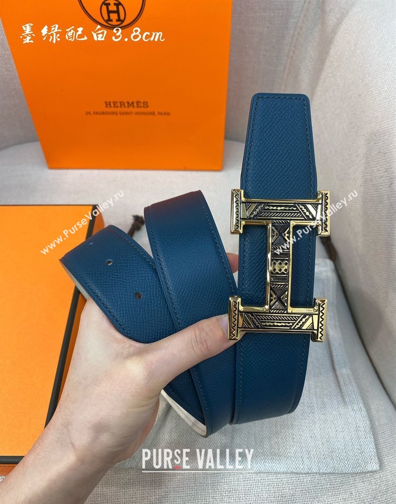 Hermes Constance belt buckle Epsom leather strap 3.8cm Blue/White 2025 0314 (99-250314100)