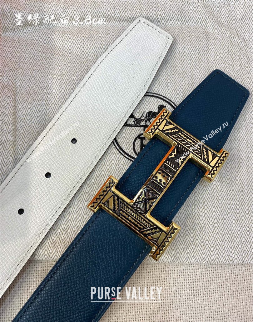 Hermes Constance belt buckle Epsom leather strap 3.8cm Blue/White 2025 0314 (99-250314100)