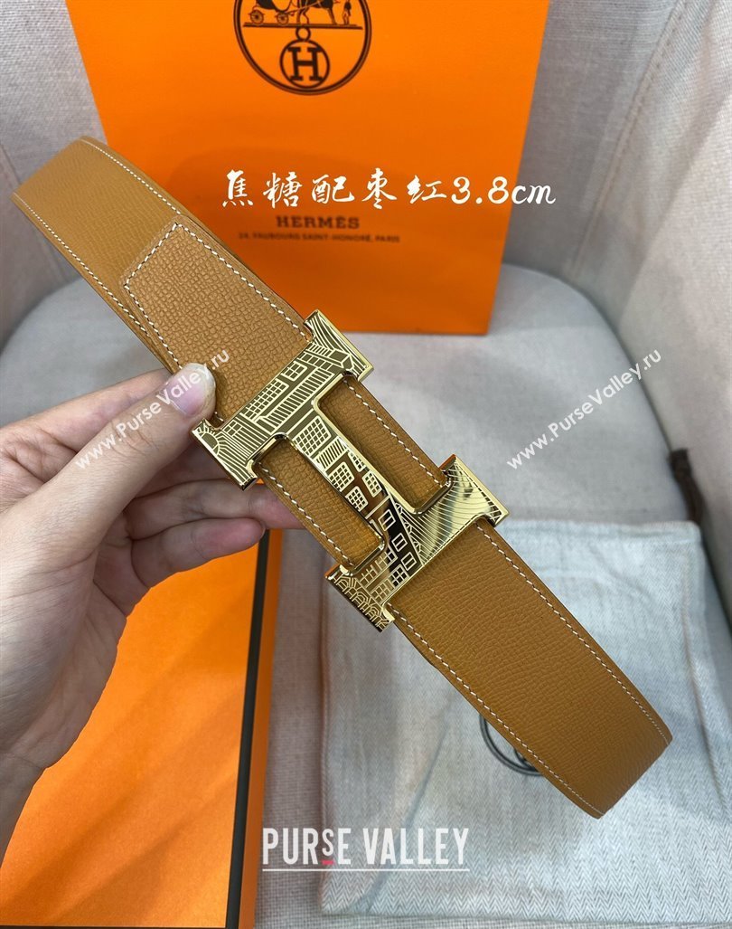Hermes Constance belt buckle Epsom leather strap 3.8cm Caramel/Burgundy 2025 0314 (99-250314101)