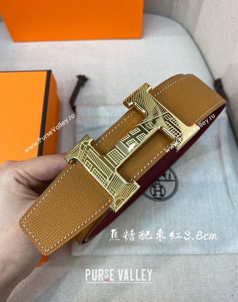 Hermes Constance belt buckle Epsom leather strap 3.8cm Caramel/Burgundy 2025 0314 (99-250314101)