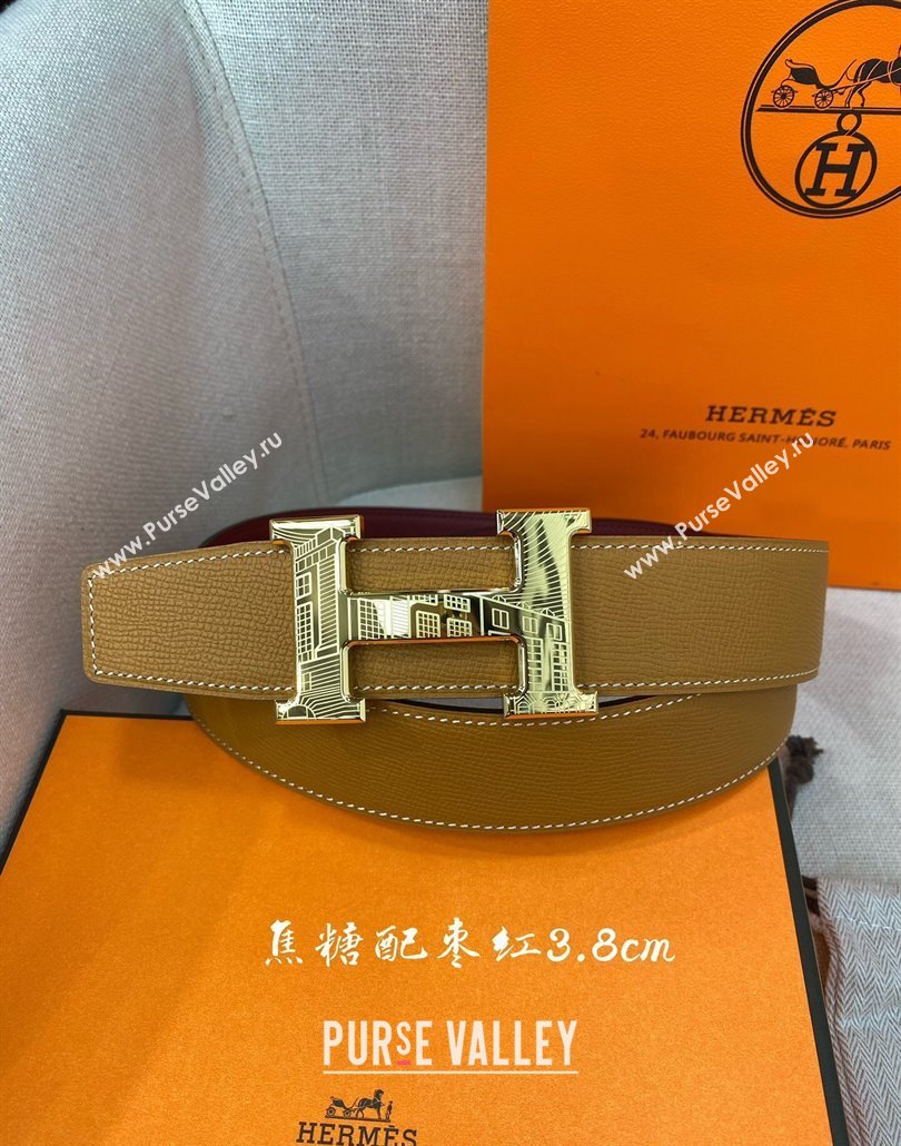 Hermes Constance belt buckle Epsom leather strap 3.8cm Caramel/Burgundy 2025 0314 (99-250314101)