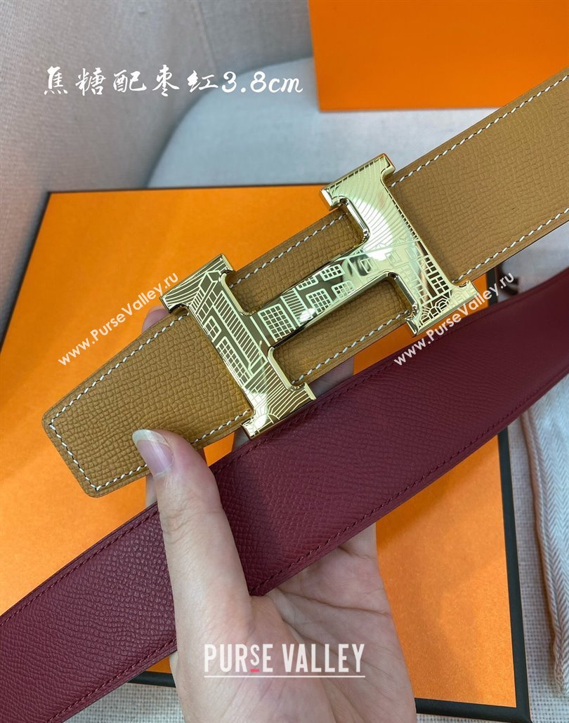 Hermes Constance belt buckle Epsom leather strap 3.8cm Caramel/Burgundy 2025 0314 (99-250314101)