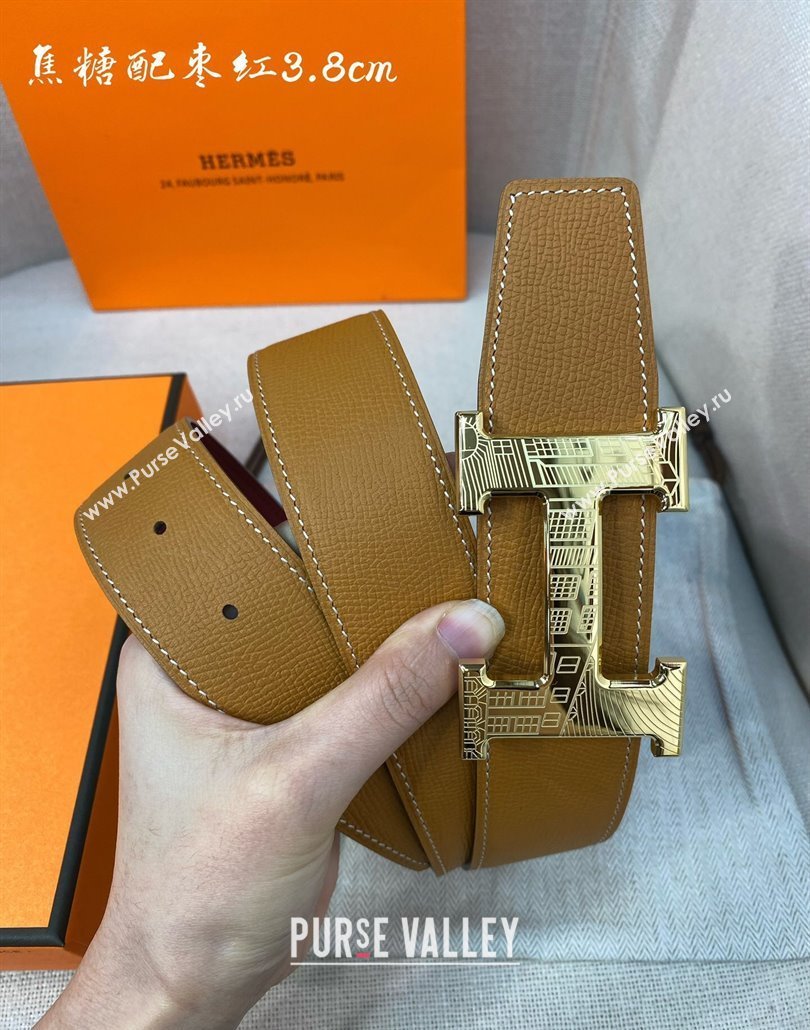Hermes Constance belt buckle Epsom leather strap 3.8cm Caramel/Burgundy 2025 0314 (99-250314101)