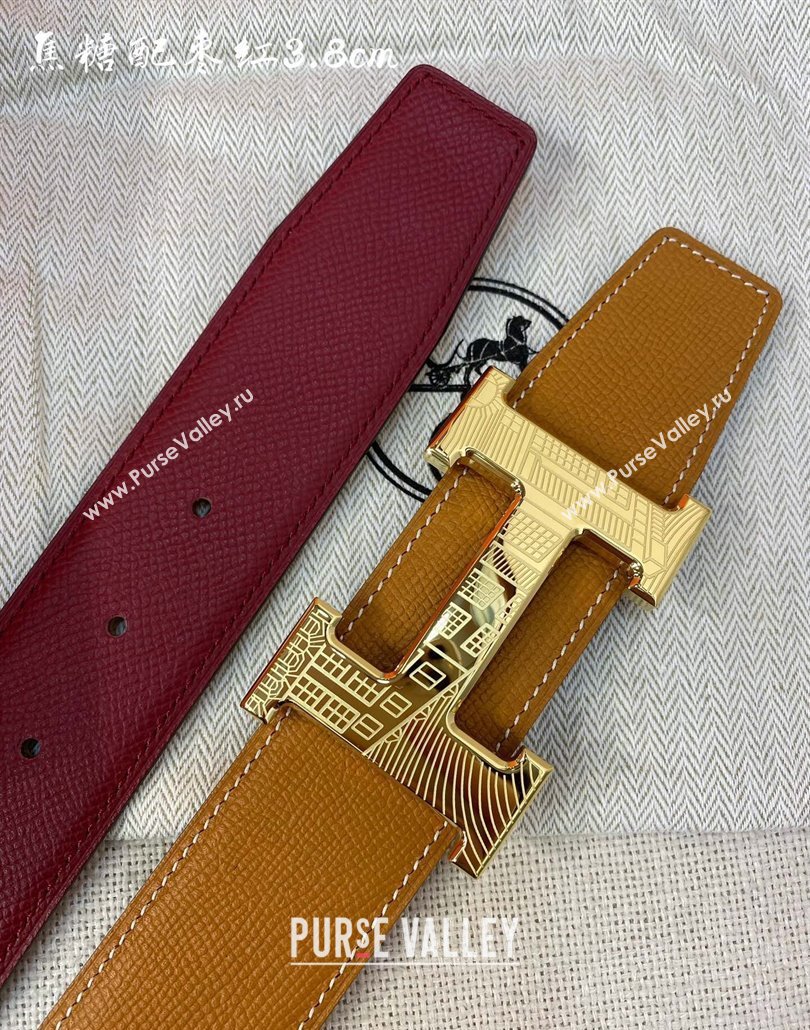 Hermes Constance belt buckle Epsom leather strap 3.8cm Caramel/Burgundy 2025 0314 (99-250314101)