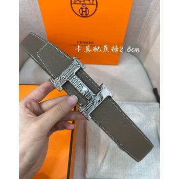Hermes Constance belt buckle Epsom leather strap 3.8cm Khaki/Caramel 2025 0314 (99-250314102)