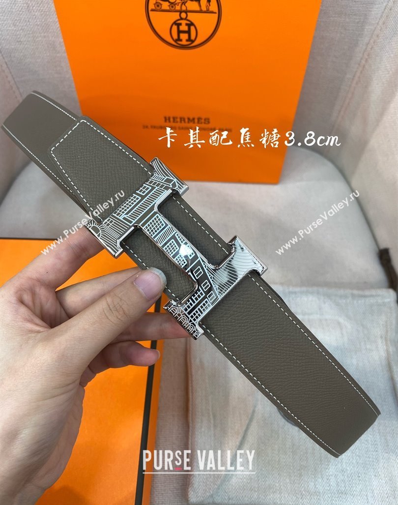 Hermes Constance belt buckle Epsom leather strap 3.8cm Khaki/Caramel 2025 0314 (99-250314102)