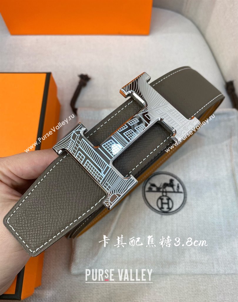 Hermes Constance belt buckle Epsom leather strap 3.8cm Khaki/Caramel 2025 0314 (99-250314102)